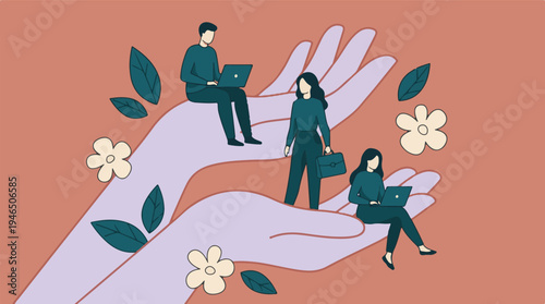Professionals working on large supportive hands, symbolizing care and growth