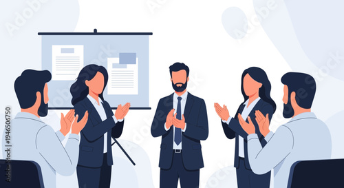 Business team applauding in a meeting, presentation success, teamwork, and achievement