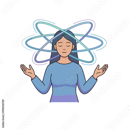 Woman meditates peacefully with hands raised and closed eyes surrounded by swirling lines