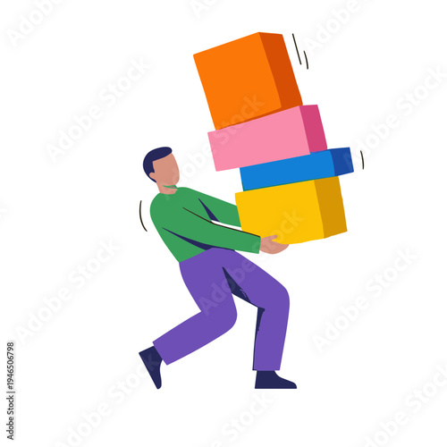 A man struggles to carry stacked colorful boxes in an office setting.