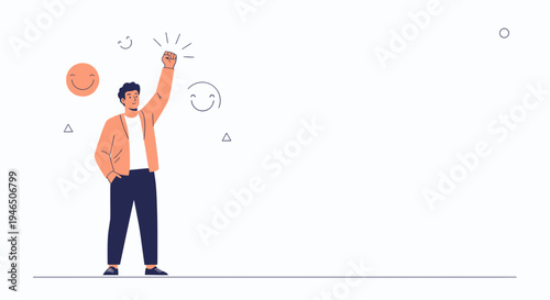 Man celebrating success with fist raised, positive vibes, illustration