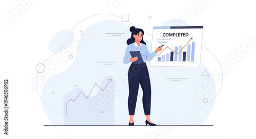 Businesswoman presenting successful financial growth chart, project completion concept.