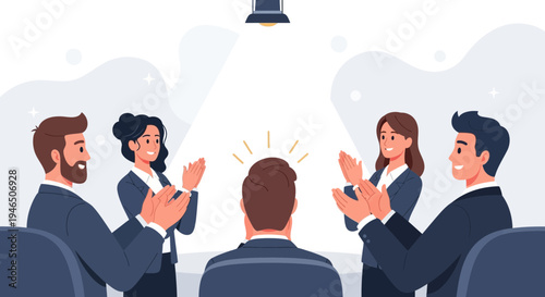 Business team applauding colleague in spotlight, celebrating success and recognition