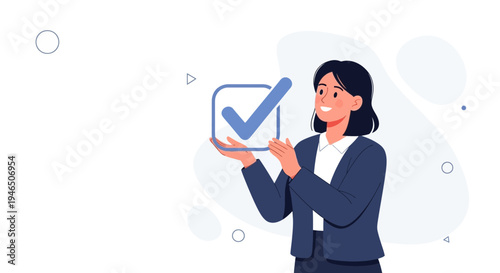 Businesswoman holding a checkmark in a box, representing success and approval
