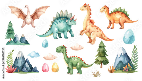 A fun cartoon illustration of cute dragons and dinosaurs in a playful fantasy style with colorful vector design inspired by ancient Asian art and nature decorations