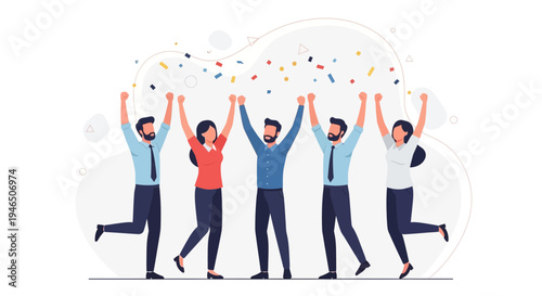 Diverse team celebrating success with confetti, arms raised in joy and achievement.