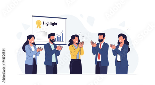 Business team applauding successful presentation with growth chart and award.