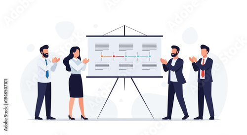 Business team applauding success at presentation with timeline chart on whiteboard