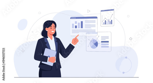 Businesswoman presenting financial charts and data analytics on screen