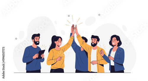 Teamwork success: Diverse people high-fiving, celebrating achievement, teamwork, collaboration