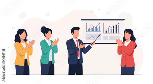 Business team applauding a successful presentation with charts on a screen