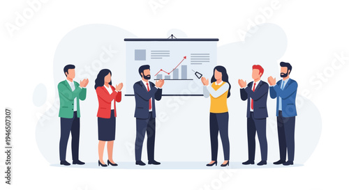Business team applauding presentation success, celebrating achievement at meeting