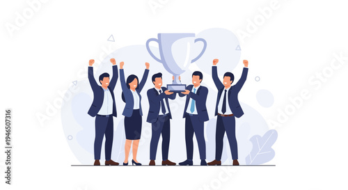Business Team Celebrating Victory Holding Trophy, Achieving Success Together