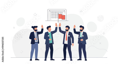 Business team celebrating success with high fives in front of goalpost