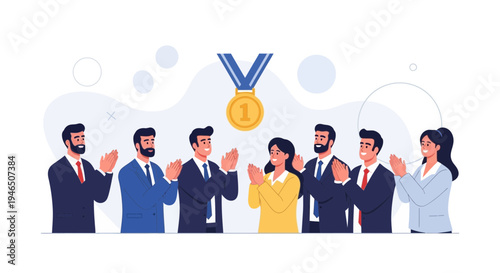Business Team Applauding Success and Achievement with Gold Medal