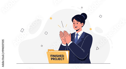 Businesswoman applauding near a finished project folder, celebrating success and achievement.