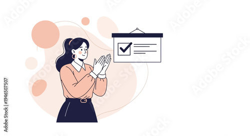 Woman clapping near presentation board with checklist and checkmark