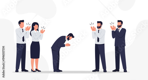 Business Team Applauding Bowing Colleague in Appreciation and Respect