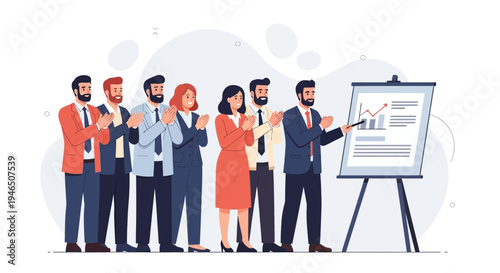 Business team applauds speaker presenting growth chart on whiteboard