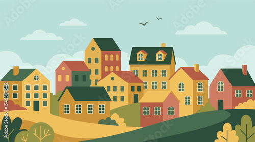 Charming flat design illustration of a colorful village on rolling hills