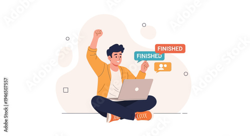 Man celebrating finishing work on laptop, achievement, success, online work, freelance