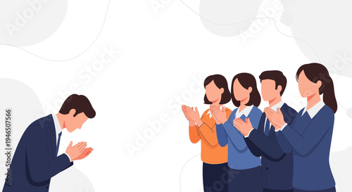 Business team applauds a bowing colleague, celebrating success and appreciation