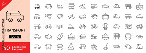 Transport icons set. Containing car, bike, plane, train, bicycle, motorbike, bus, and scooter. Editable stroke. Outline icons. Vector illustration. Perfect for traveling and infographics.