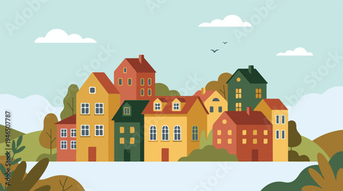 Colorful flat design illustration of a charming European village or town