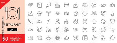 Restaurant icons set. Includes symbols of dining, food, beverages, menu, cutlery, chef, and hospitality. Editable stroke. Vector illustration. Outline icons. Perfect for food, and dining. 