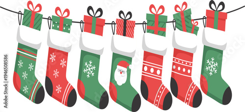 Christmas Stockings Hanging with Gift Boxes Vector Illustration Featuring Festive Holiday Socks, Snowflake Patterns and Presents for Winter Decoration and Seasonal Design