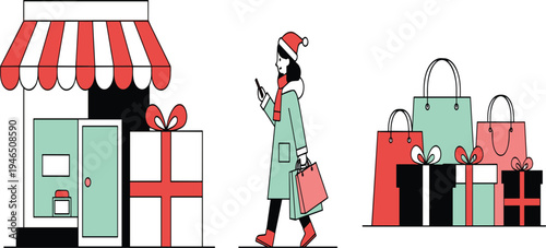 Christmas Holiday Shopping Vector Illustration with Woman Carrying Gift Bags, Storefront, Presents and Festive Retail Scene for Seasonal Sales and Winter Marketing