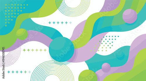 Abstract geometric background with vibrant wavy shapes and 3D spheres