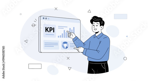 Man points to KPI dashboard on screen, business analytics and strategy concept