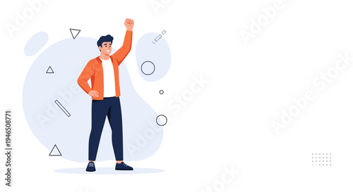 Man celebrating success with raised fist, modern abstract background