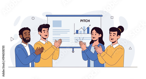 Diverse team applauding a successful business pitch presentation with charts