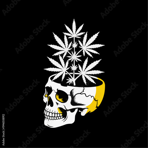 White skull with cannabis leaves rising above the cranium on a black background forming a bold surreal emblem for alternative culture edgy apparel poster art and symbolic counterculture design