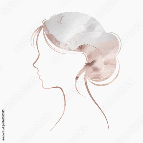 Minimal woman profile line art with elegant bun hairstyle in soft neutral tones creating a graceful beauty salon logo concept for feminine branding wellness skincare fashion and spa design