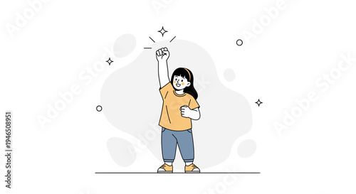 Child celebrating success with raised fist and sparkling stars, vector illustration