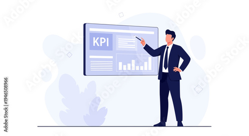 Businessman presenting KPI dashboard with charts and graphs on a screen