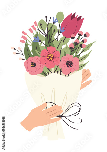 An illustration of a bouquet of flowers held in hands. Suitable for weeding, March 8th, Mother's Day, invitations, and greeting cards.