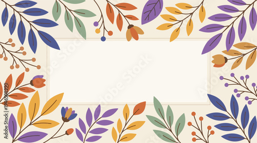 Autumn botanical frame with colorful leaves and berries on light background