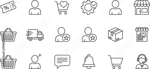Set of e-commerce line icons featuring shopping cart, delivery truck, customer support, discount coupon, retail store, user profile, and order tracking.