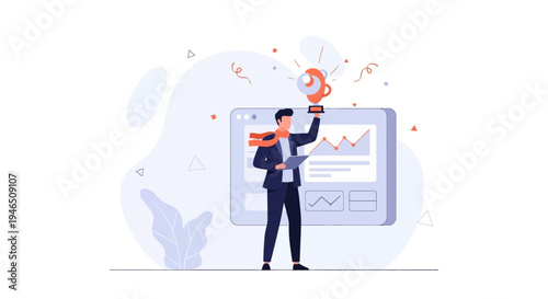 Businessman holding trophy celebrating success with financial graph background