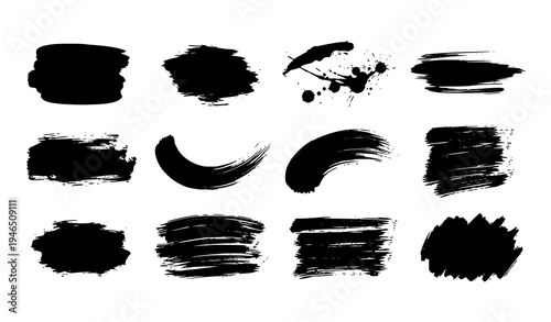 Black Paint Brush Stroke Elements Abstract Ink Grunge Texture Vector Set