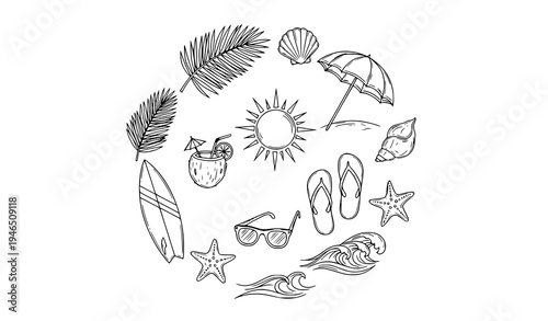 Tropical Summer Vacation Doodle Icons Beach Relaxation Line Art Vector