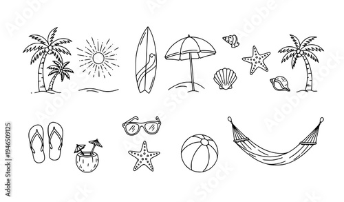 Hand Drawn Summer Beach Elements Tropical Vacation Sketch Vector Set