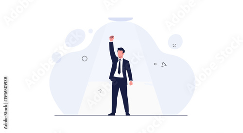 Businessman raising fist in victory, celebrating success under spotlight, modern flat illustration