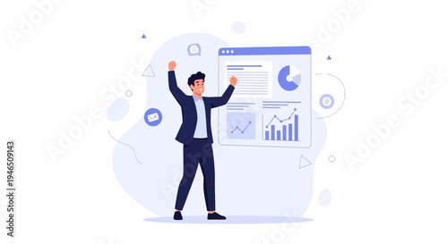 Successful businessman celebrating financial success with data analytics charts and graphs