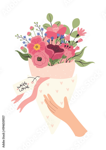 An illustration of a bouquet of flowers held in hands. Suitable for weeding, March 8th, Mother's Day, invitations, and greeting cards.