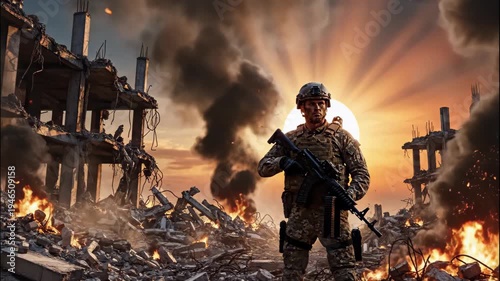 A stoic soldier stands amidst the apocalyptic desolation of a war-torn city, silhouetted against a fiery sunset, rendered in a hyperrealistic style, evoking a sense of survival and conflict.